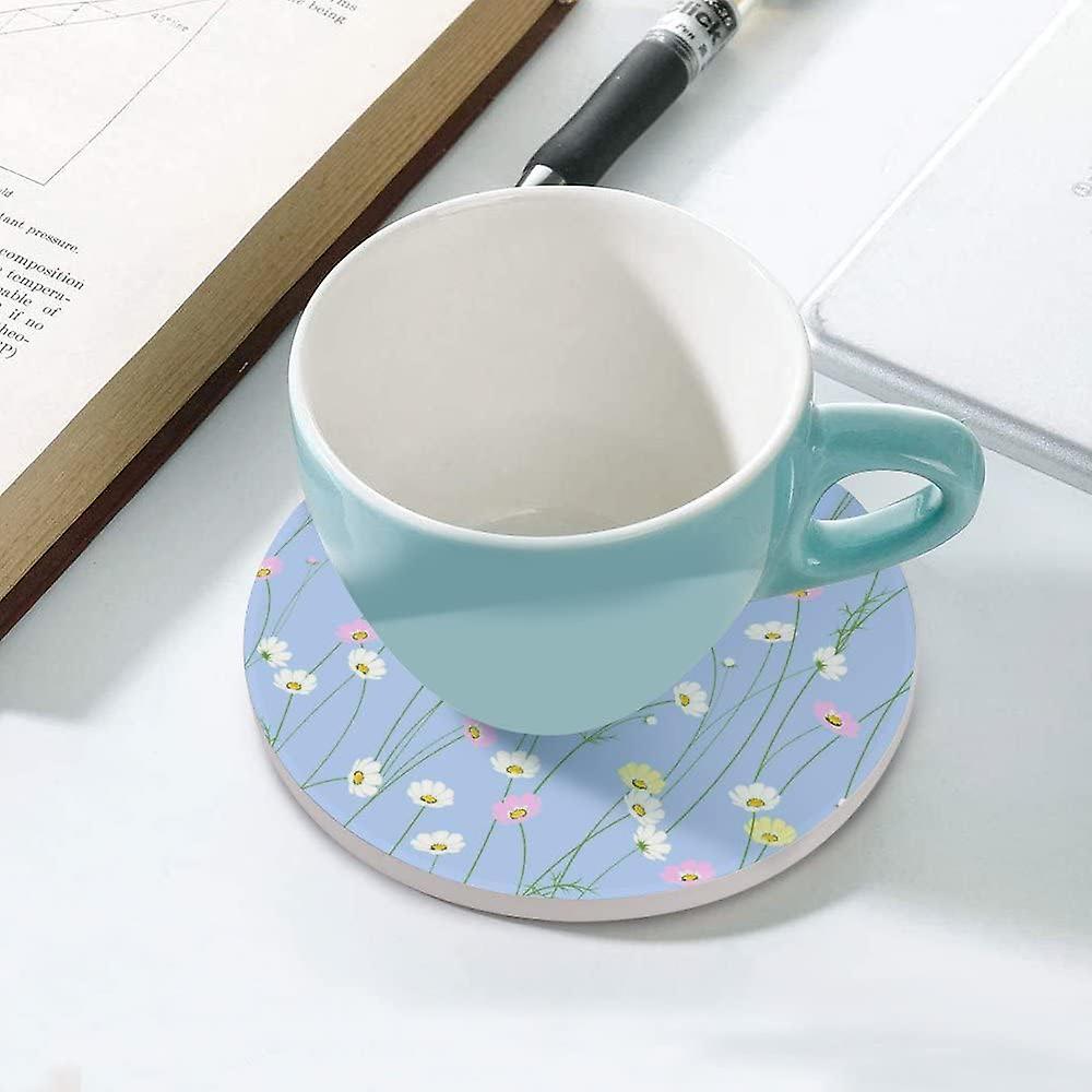 6pcs Round Little Cute Chamomile Flowers Ceramic Coasters With Cork-backed For Coffee Drink Cup Mat Absorbent Stone Coasters