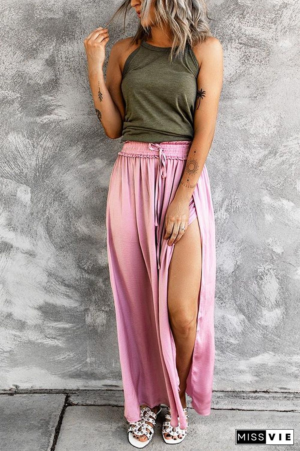 Adjustable Drawstring Waist Silky Maxi Skirt