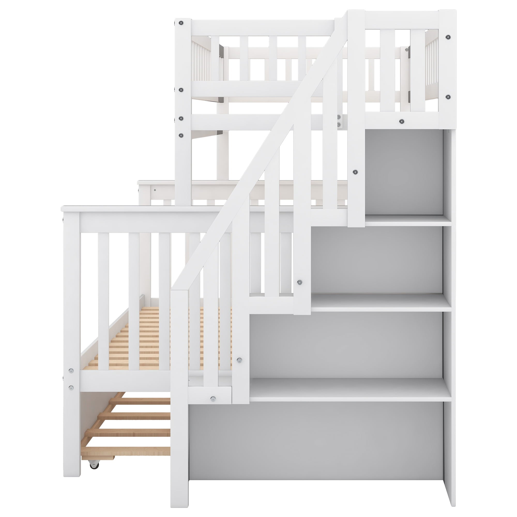 Euroco Twin Over Full Bunk Bed with Trundle and Stairs for Kids, White