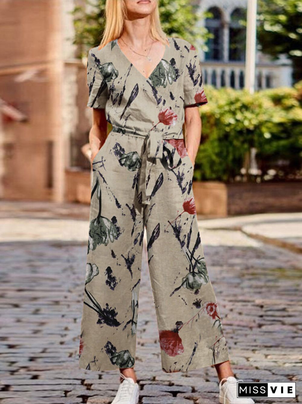 Flower Print Wrap Pocket V-neck Short Sleeve Belt Jumpsuit