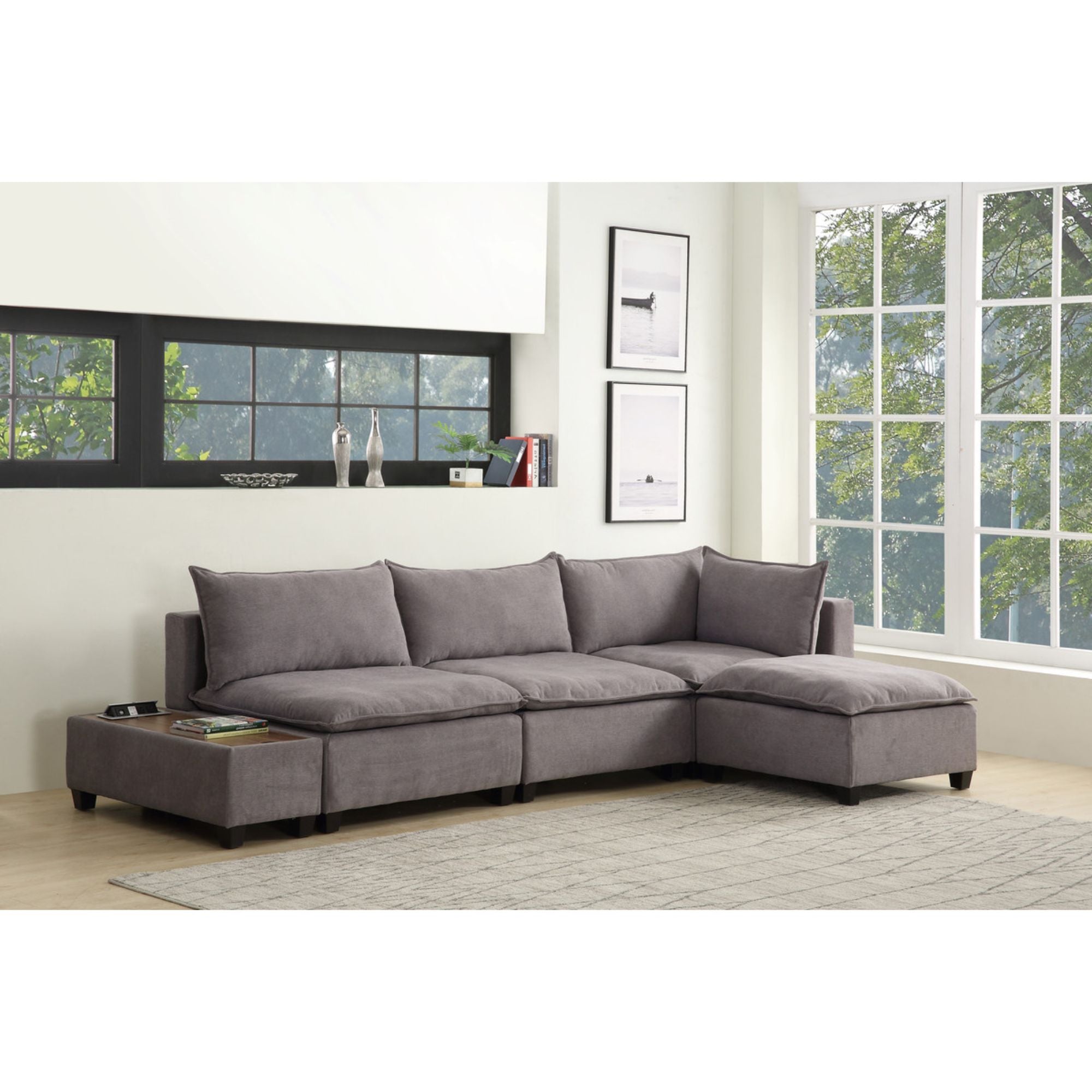 Set of 5 Trout Gray Madison Modular Sectional Sofa Ottoman with USB Storage Console Table, 10.75'