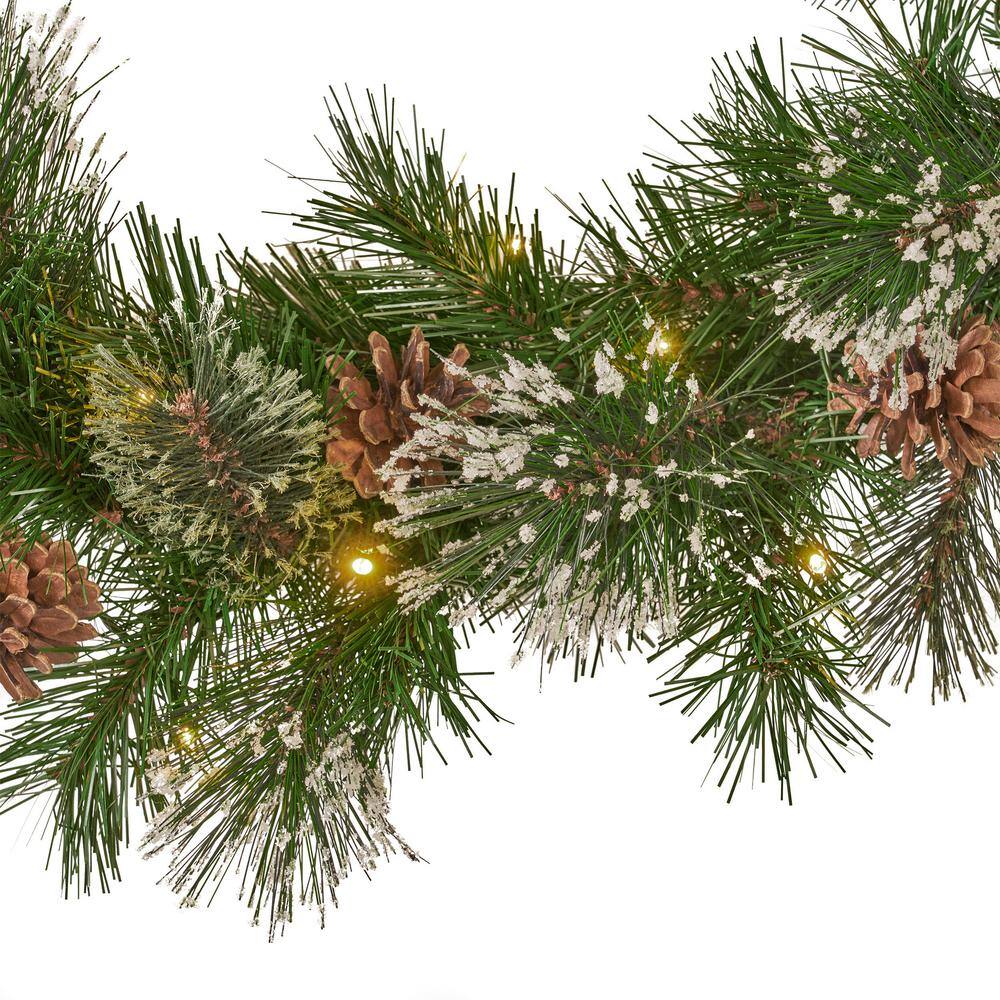 9 ft. Cashmere Pine Battery Operated Pre-Lit LED Artificial Christmas Garland with Snowy Branches and Pinecones 54838