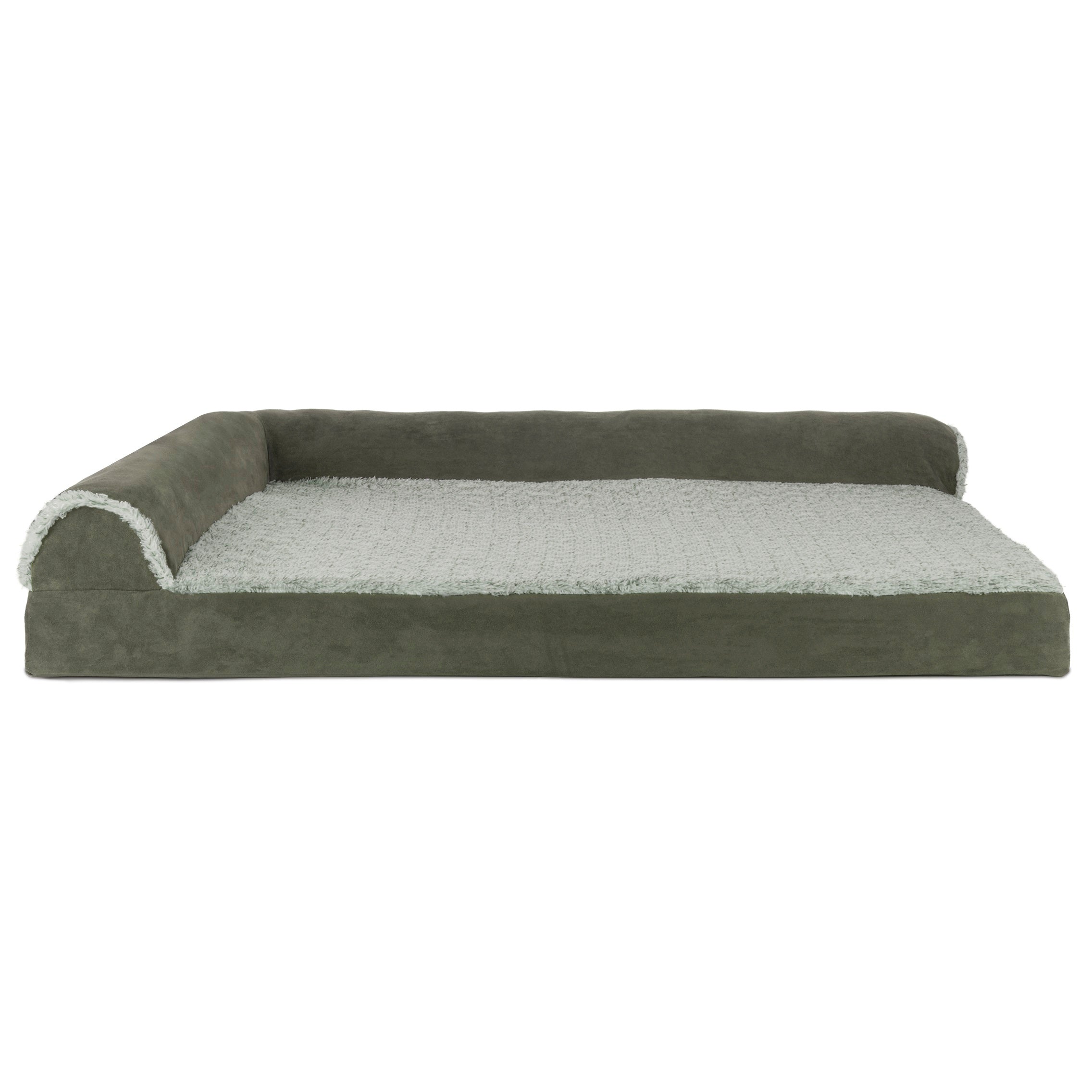 FurHaven Pet Products | Deluxe Memory Foam Chaise Faux Fur and Suede L-Shaped Lounge Sofa Pet Bed for Dogs and Cats， Dark Sage， Jumbo