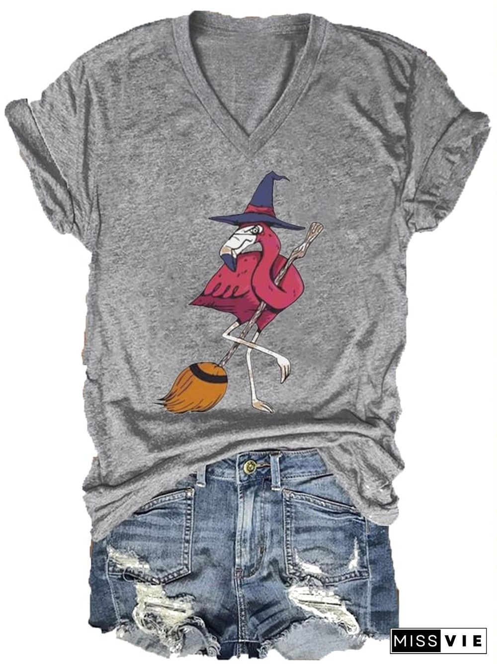 Women's Halloween Flamingo Witch Print V-Neck T-Shirt