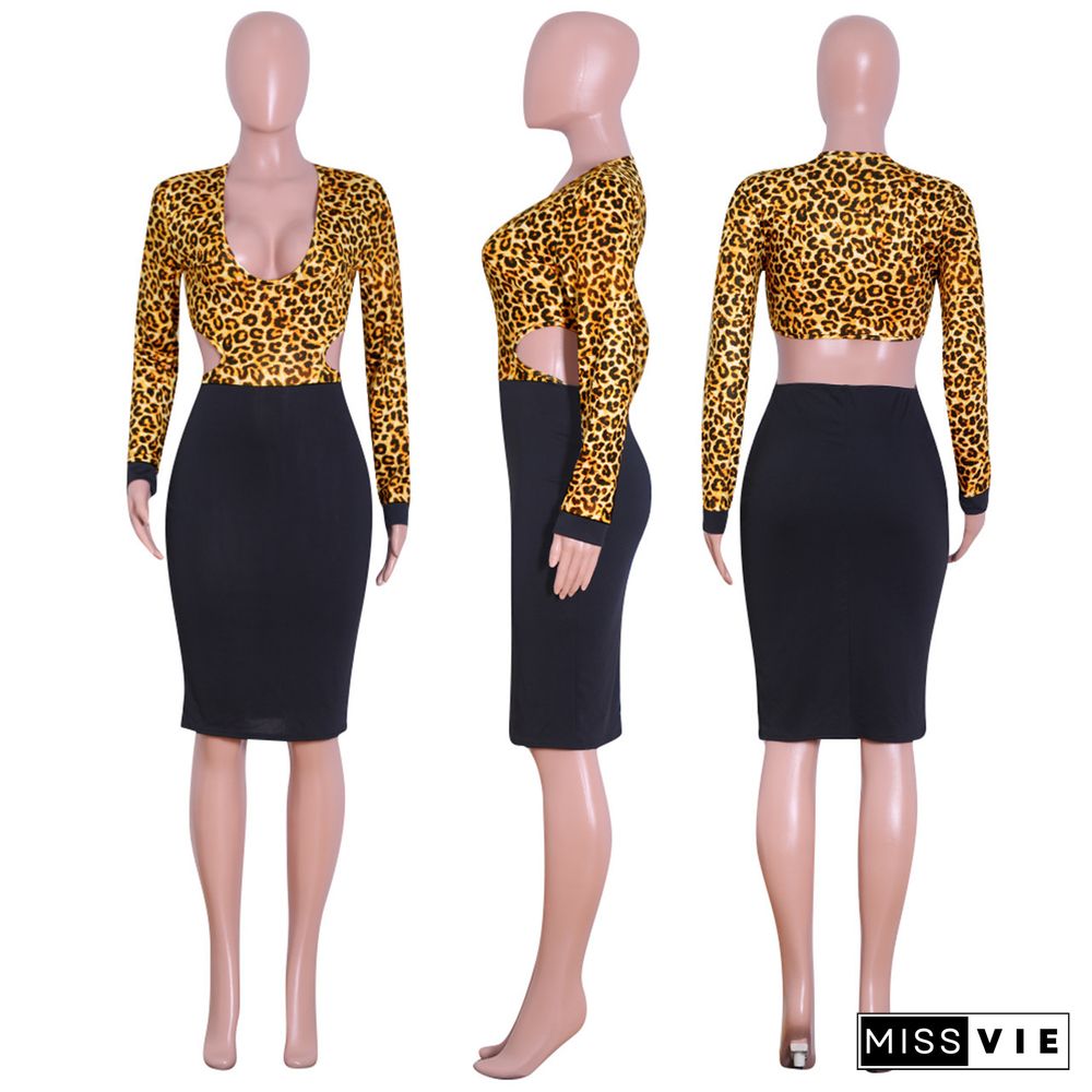 Sexy Hollow Out Low Cut Leopard Printed Patchwork Bodycon Midi Dress