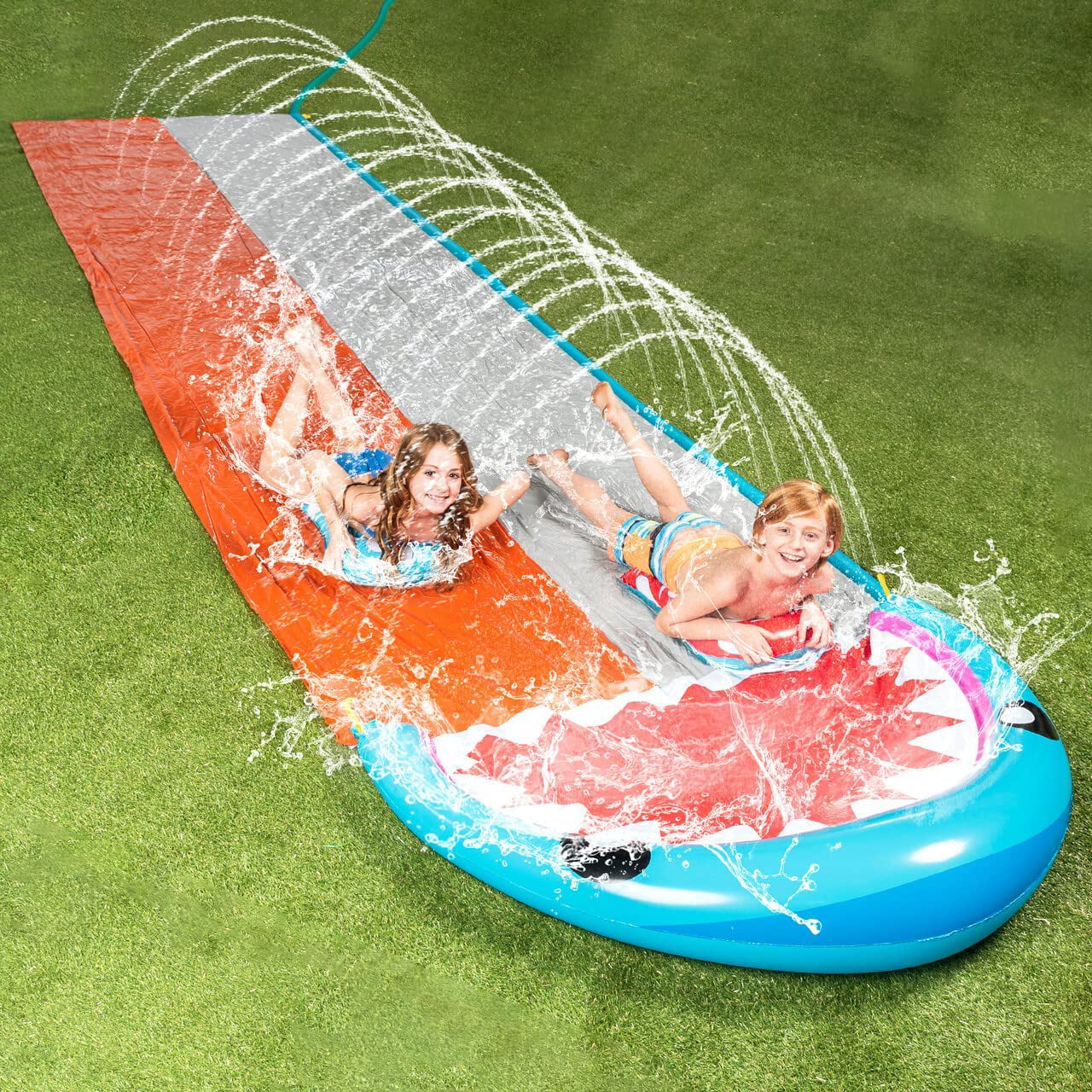 Sloosh 21ft Slip Slide 2 Person Deluxe Water Slides with 2 Boogie Boards Backyard Outdoor Waterslide 2 Sliding Racing Lanes with Sprinklers Summer Toy 21ft x 62in, Shark