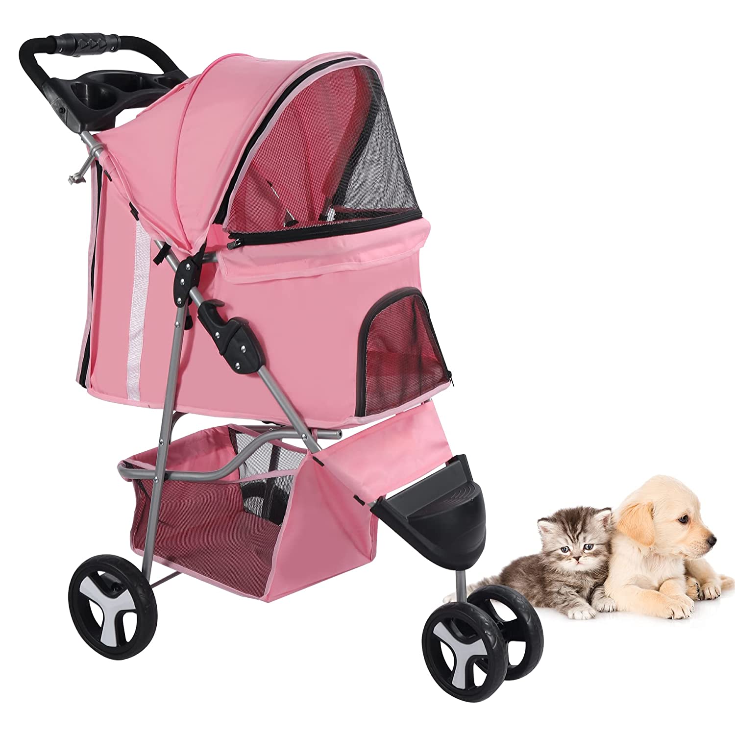 Lineslife 3 Wheels Pet Stroller， Foldable Carrier Strolling Cart for Small Medium Dogs and Cats， Pink