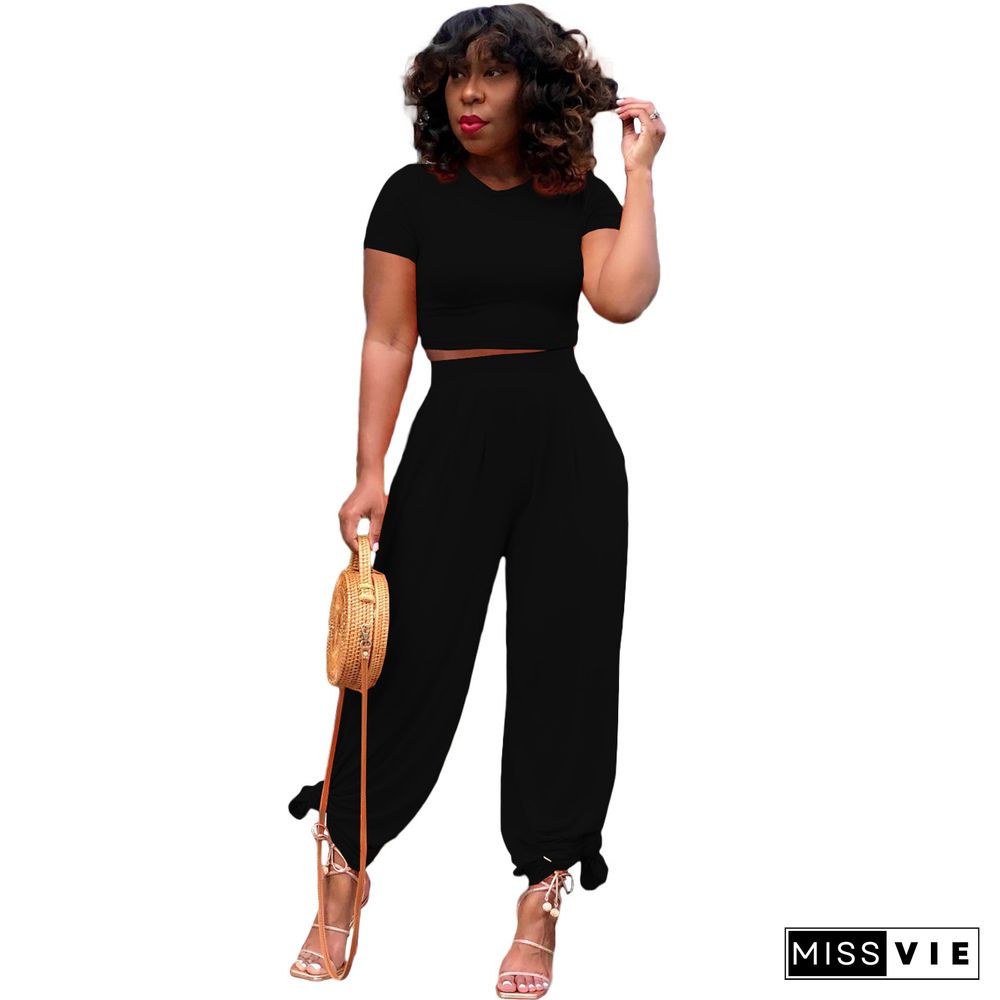 Summer Hot Plus Size Solid Short Sleeve O Neck Crop Tops Wide Leg Pants Women Casual Two Piece Set