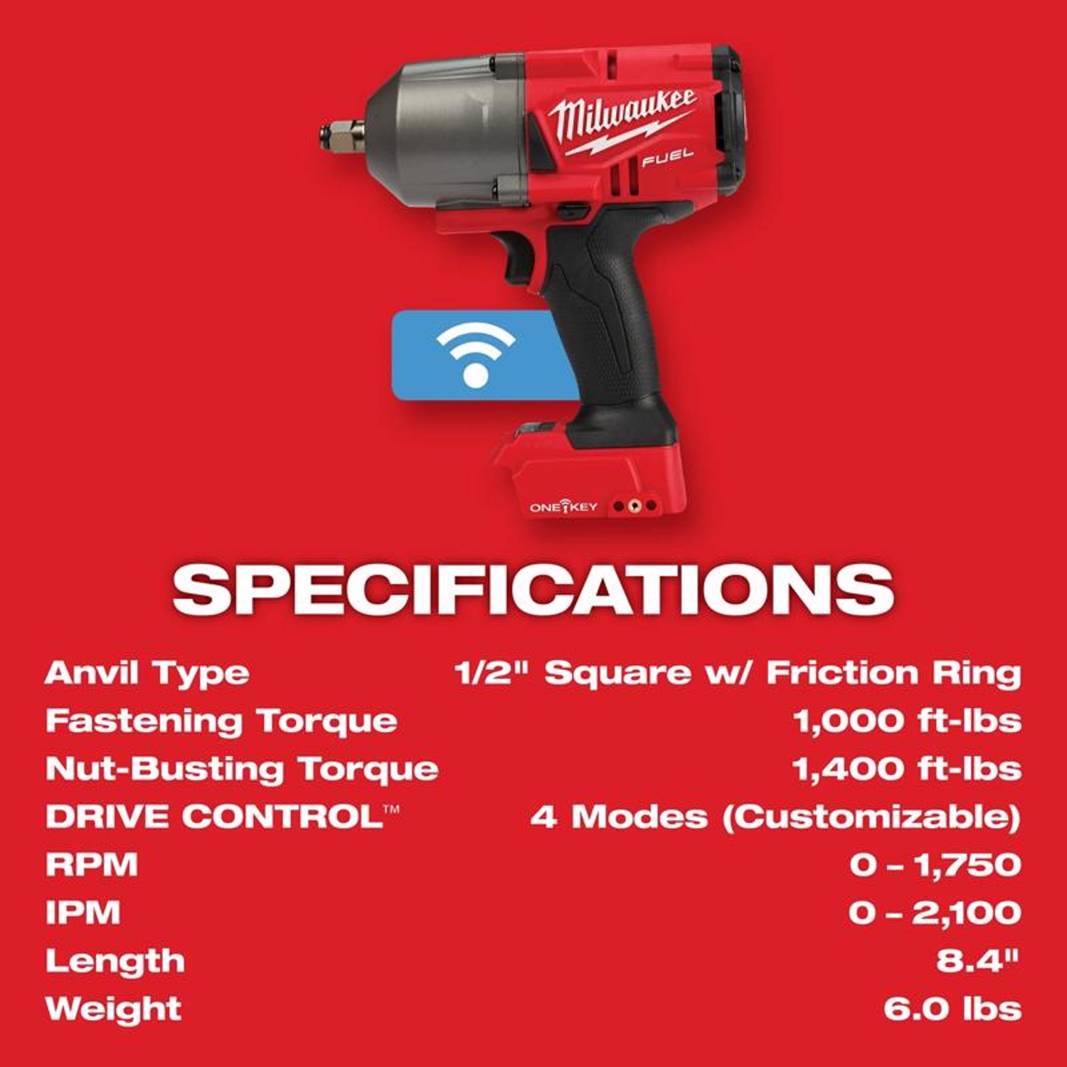 MW M18 FUEL One Key 18 V 1/2 in. Cordless Brushless High Torque Impact Wrench Tool Only