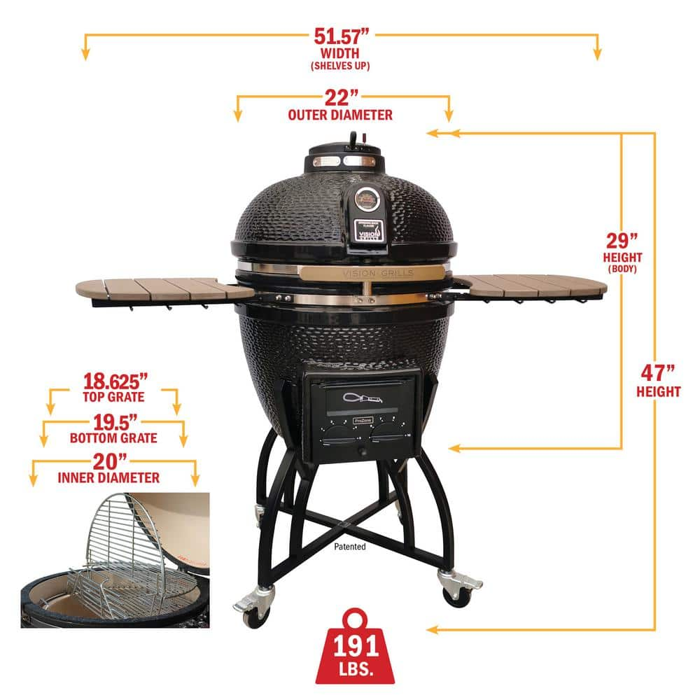 Vision Grills 22 in. Kamado S-Series Ceramic Charcoal Grill in Black with Cover, Cart, Side Shelves, Two Cooking Grates and Ash Drawer S-4C1D1