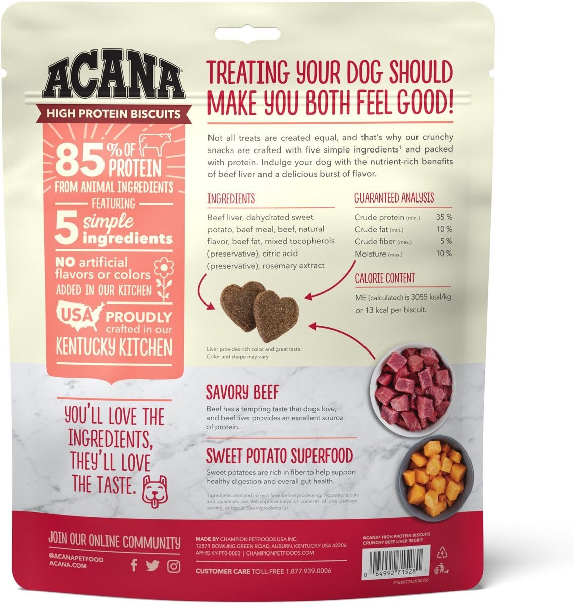 ACANA High-Protein Biscuits Grain-Free Beef Liver Recipe Small/Med Breed Dog Treats， 9-oz bag