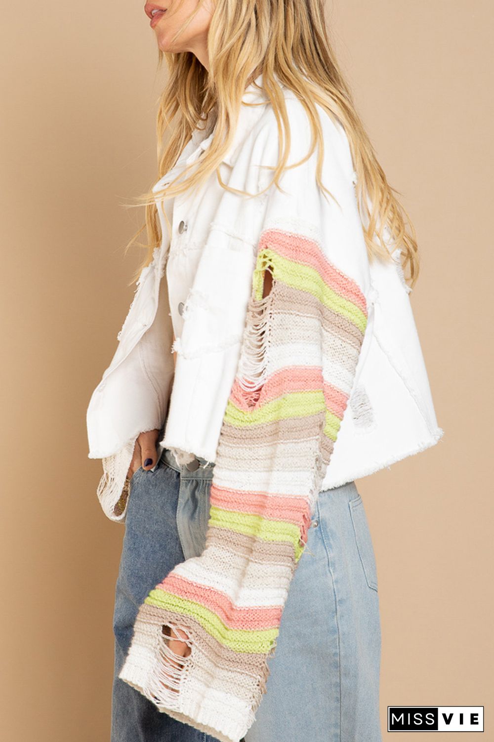 Rainbow Knitting Sleeve Patchwork Ripped Denim Jacket