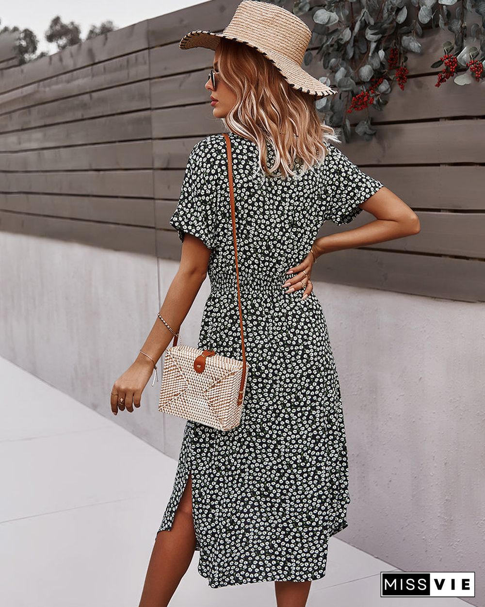 Short Sleeve Tie Waist V Neck Collar Midi Dress