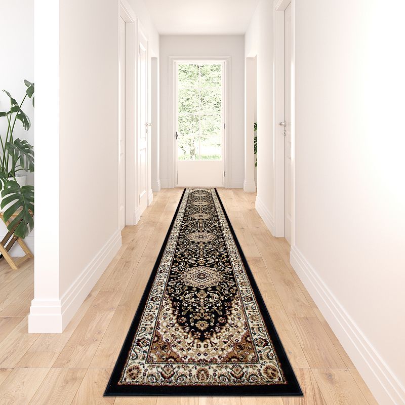 Masada Rugs Masada Rugs Bellagio Collection 3'x15' Traditional Area Rug Runner in Black - Design B401