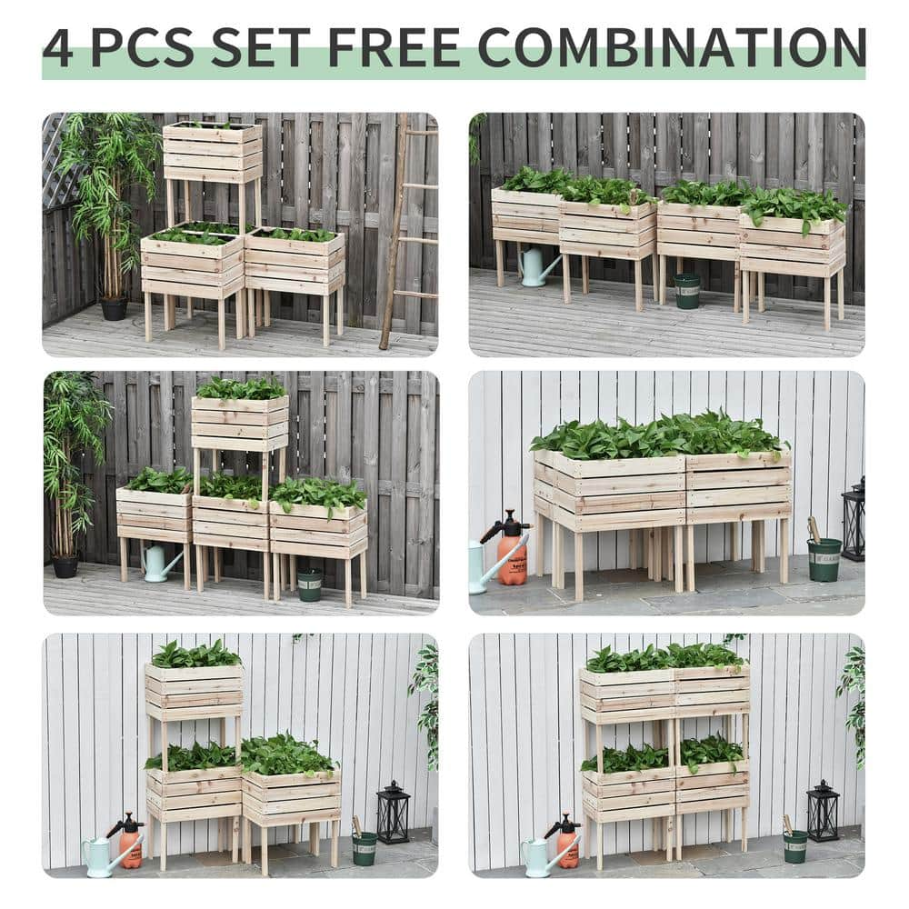 Outsunny Natural Fir Wood Planter Raised Garden Beds Kits 4-Pieces Elevated Garden Beds 845-350