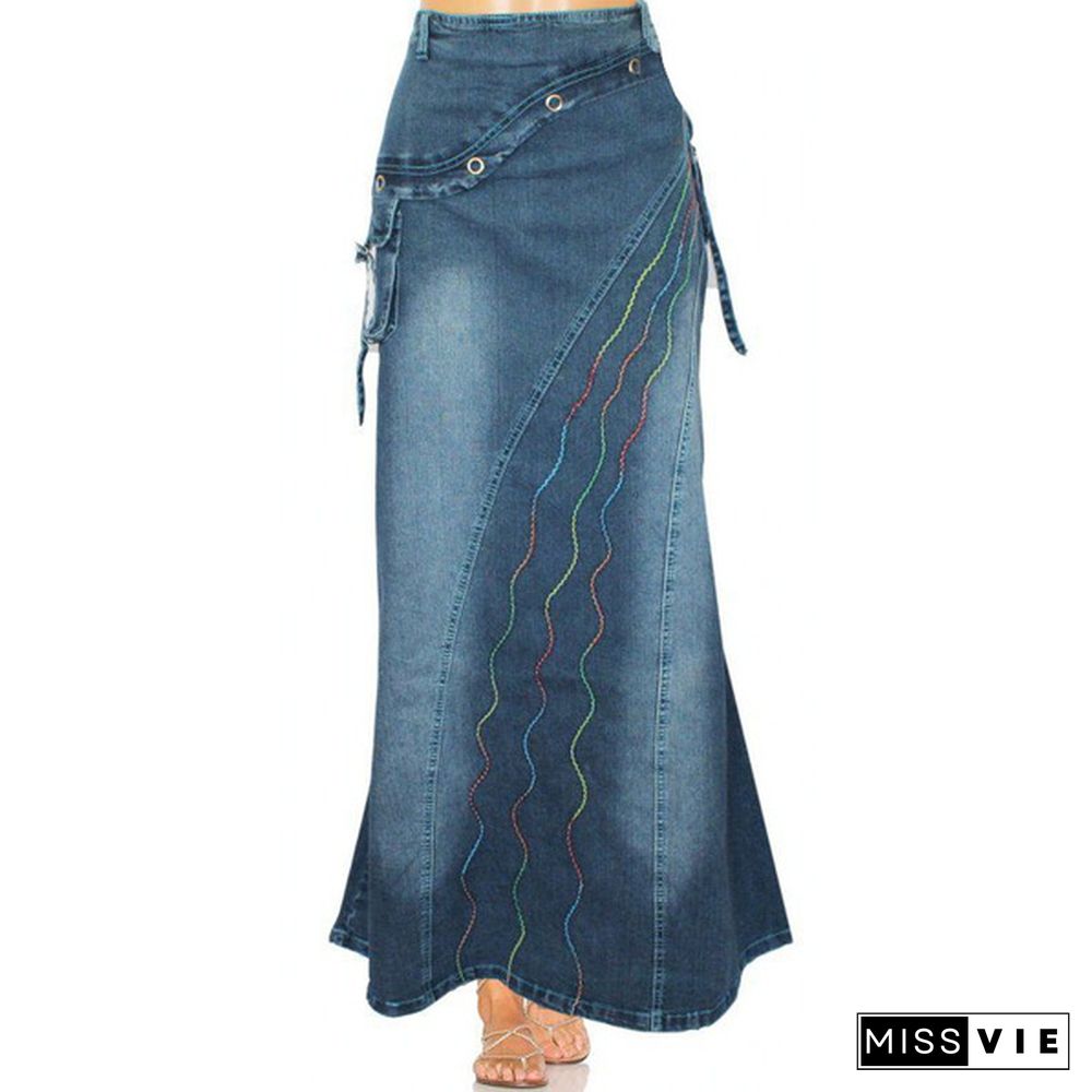 Women Fashion Casaul Stretch Cargo Denim Skirt Bell Skirt Floor Length Washed Denim Jeans Skirt Plus Size