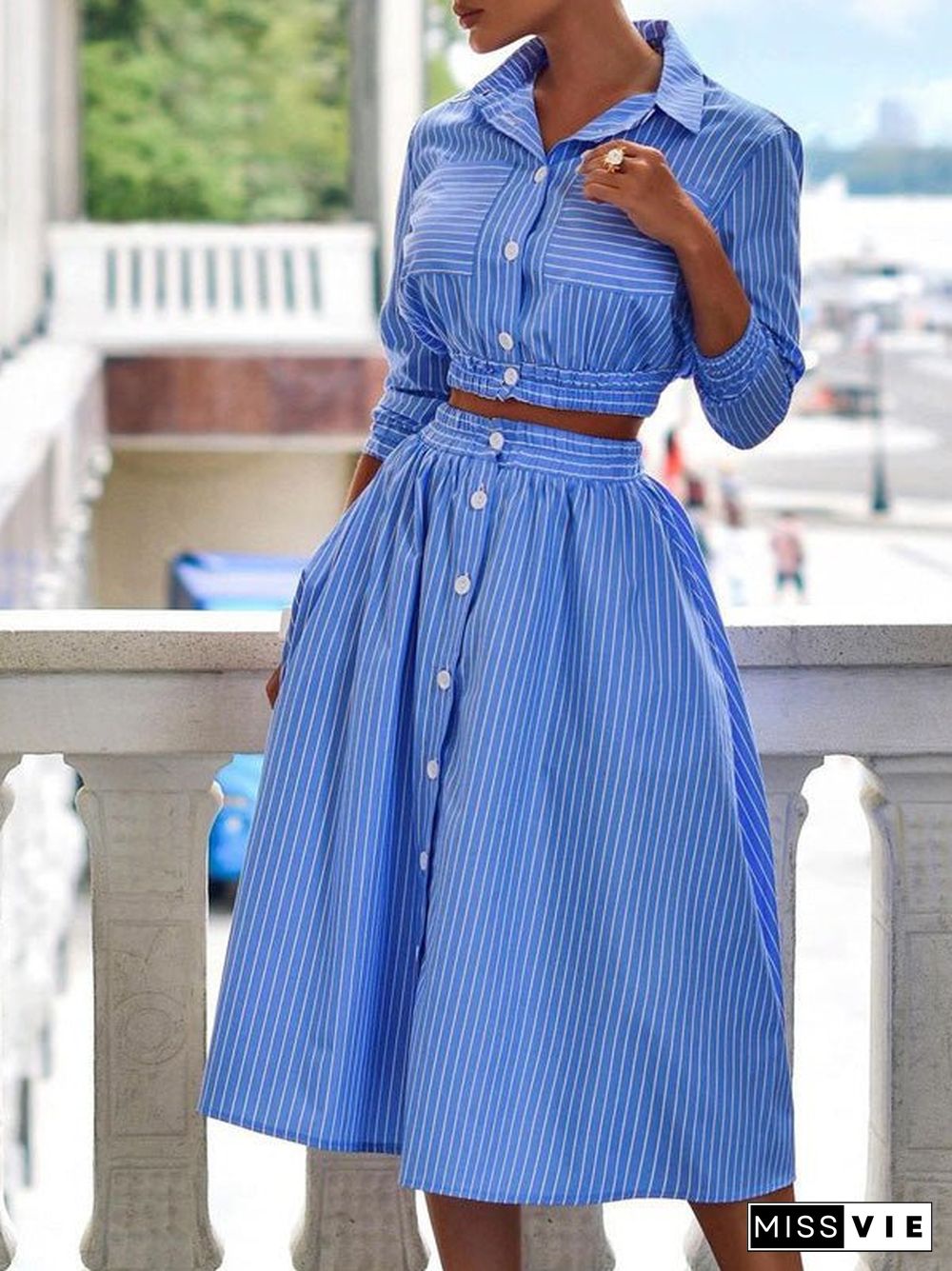 Women'S Sets Long Sleeve Striped Shirt & Skirt Two-Piece Set