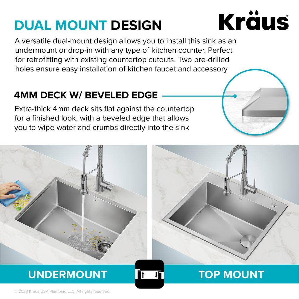 KRAUS Loften Stainless Steel 25 in. 1-Hole Single Bowl Drop-in  Undermount Kitchen Sink with Accessories KHT411-25