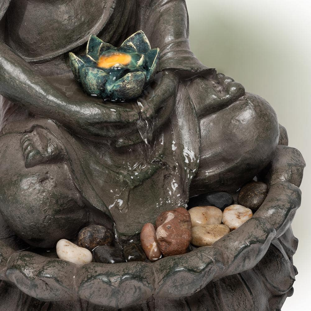 Alpine Corporation 19 in. Tall Indoor/Outdoor Tabletop Meditating Buddha with Lotus Flower Fountain with LED Light GEM178