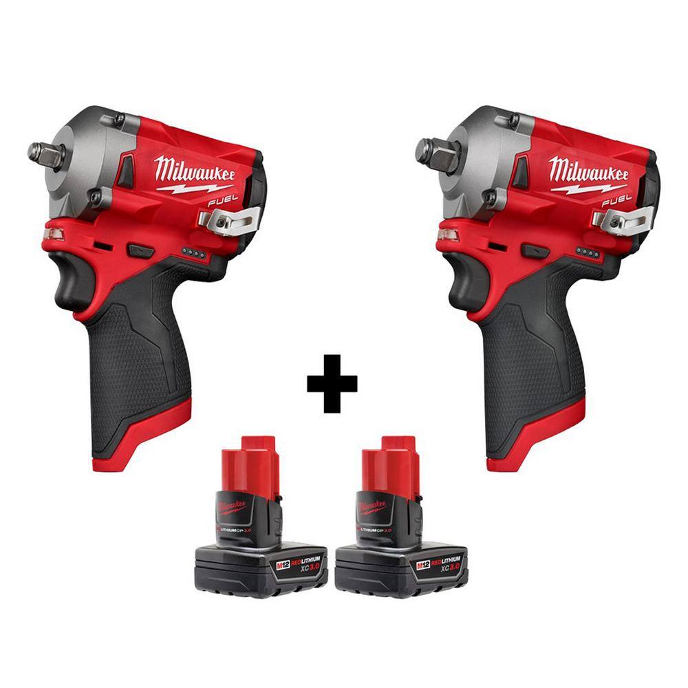 MW M12 FUEL 12V Lithium-Ion Brushless Cordless Stubby 38 in. and 12 in. Impact Wrenches with two 3.0 Ah Batteries 2554-20-2555-20-48-11-2412