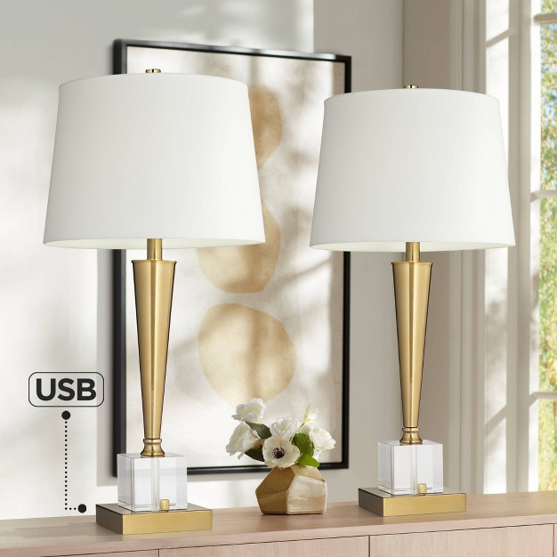 Tall Set Of 2 Brass With Usb Charging Port White Fabric Drum Shade For Bedroom Living Room Kids