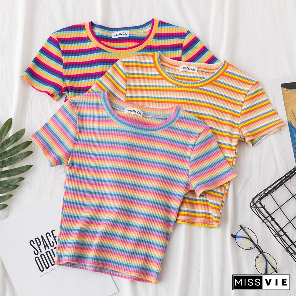 New T Shirt Women Rainbow Striped Tops Slim Fit T Shirt Harajuku Tshirt Summer Short Sleeve Korean T-shirt Feminina Clothes Tops