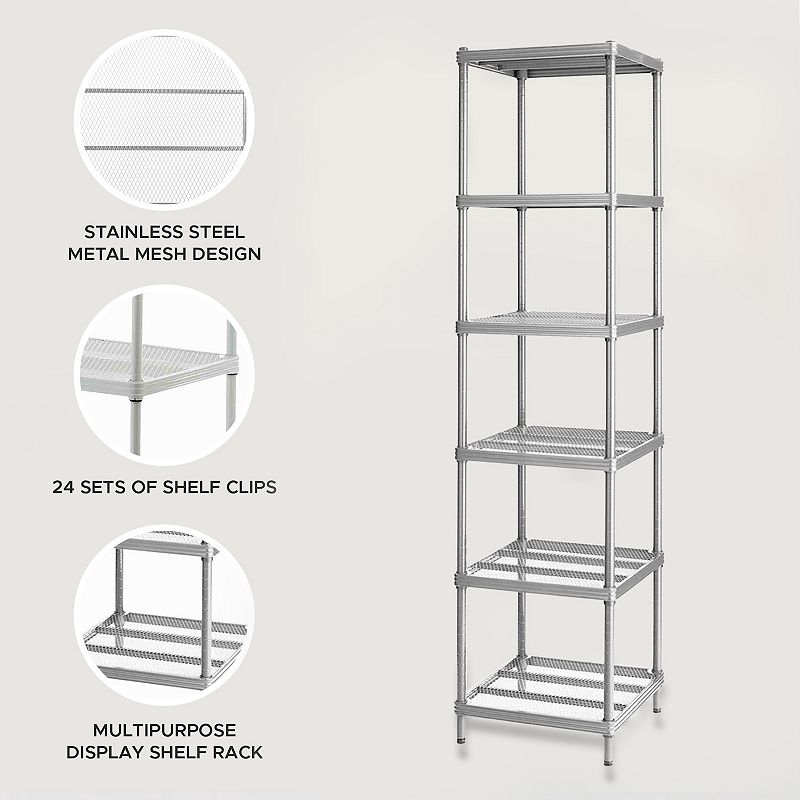 Design Ideas Meshworks 6 Tier Tower Metal Storage Shelving Unit Rack， Silver