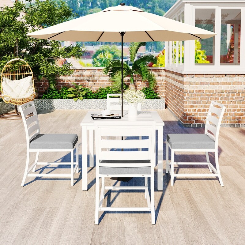 5 Piece Outdoor Dining Table Set for 4  Wood Top Dining Table with Umbrella Hole   4 Cushioned Chairs for Patio  Deck  Porch