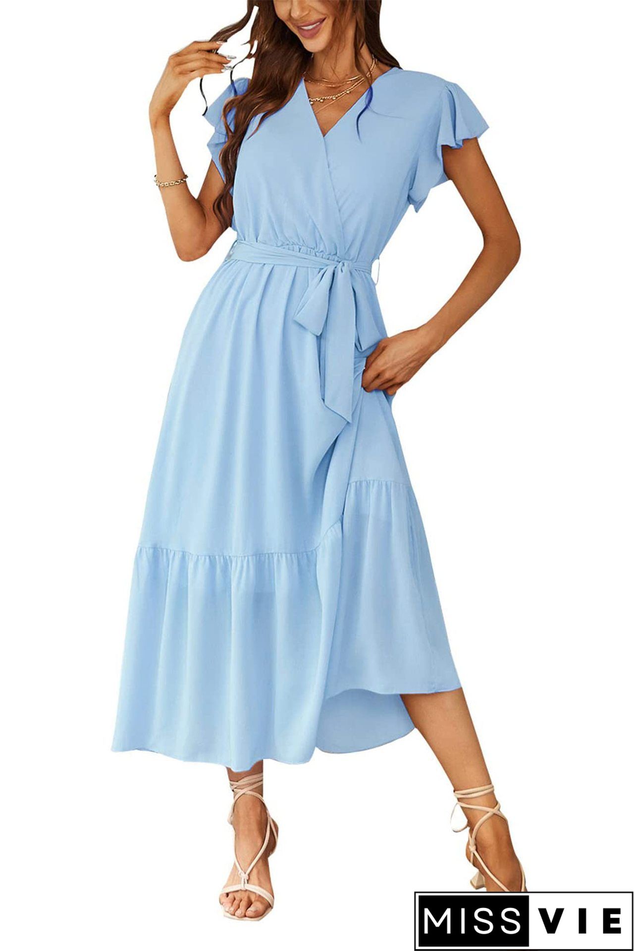 Pure Color Simple Restraint Waist Midi Dress