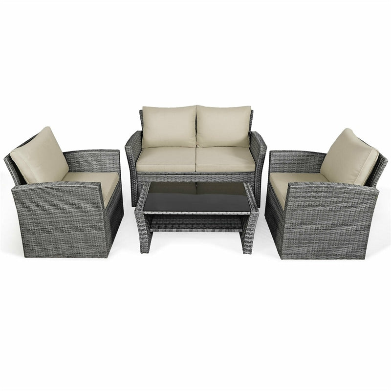 4 Pcs Rattan Patio Sectional Furniture Set with Storage Shelf Table, Cushioned Outdoor Wicker Conversation Sofa Set