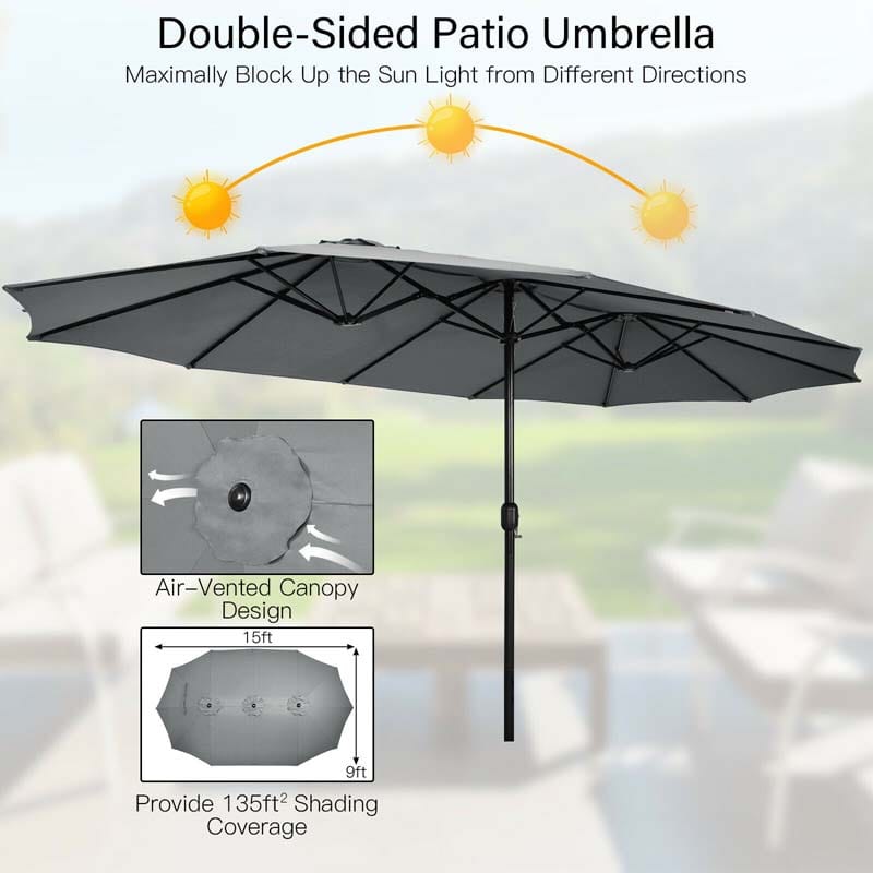 15FT Double-Sided Twin Patio Umbrella with Base & Crank System, Extra-Large Cantilever Market Umbrella