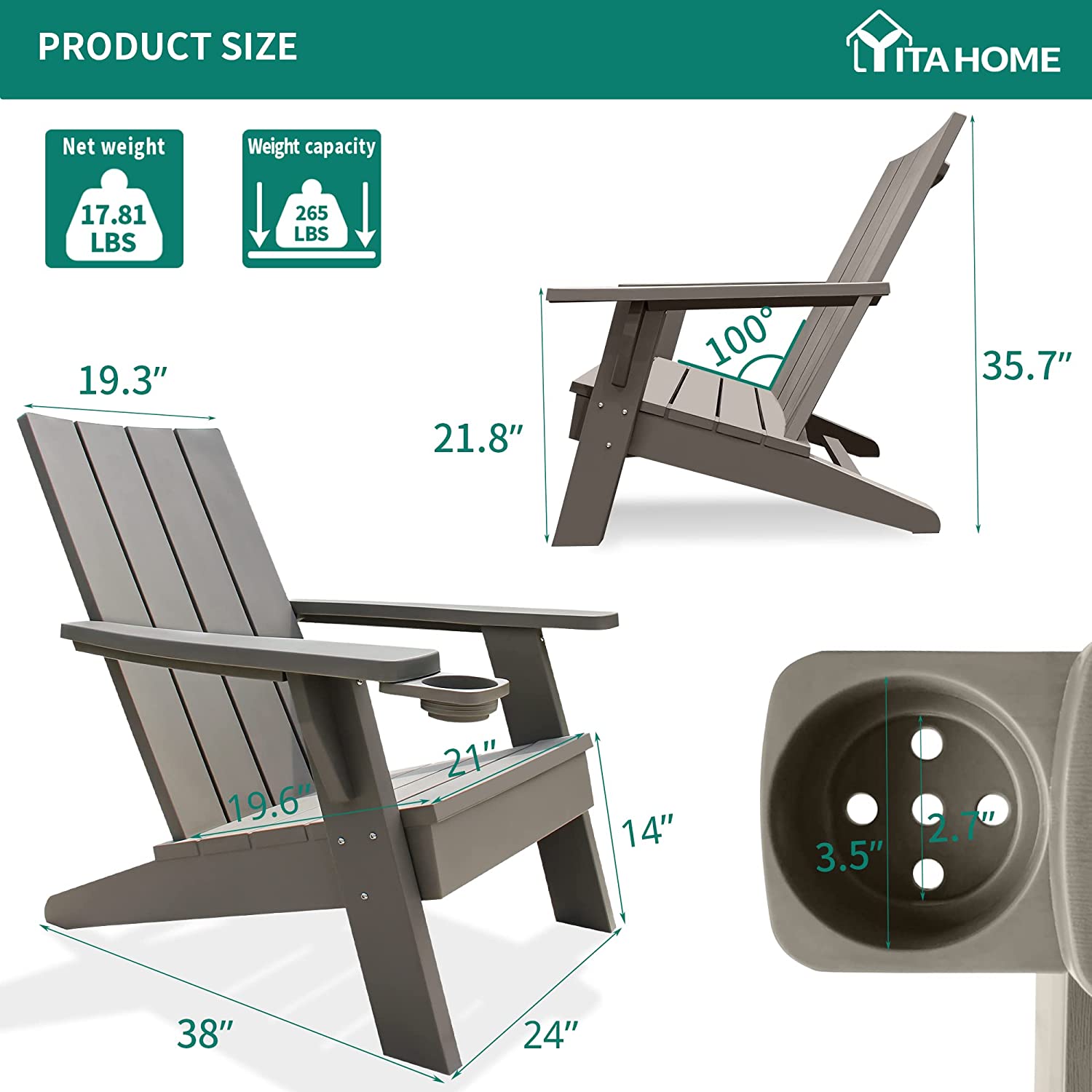 YITAHOME Adirondack Chair with Cup Holder Weather Resistant Resin Adirondack Chairs for Outdoor Garden Lawn Yard Garden Patio Deck Fire Pit (4, Taupe)