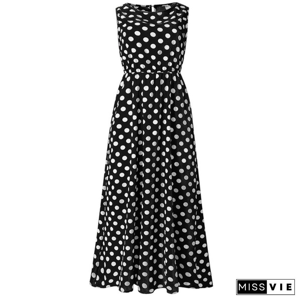 Summer Women New Fashion Sleeveless Polka Dot Maxi Dresses High Waist Casual Beach Long Dress