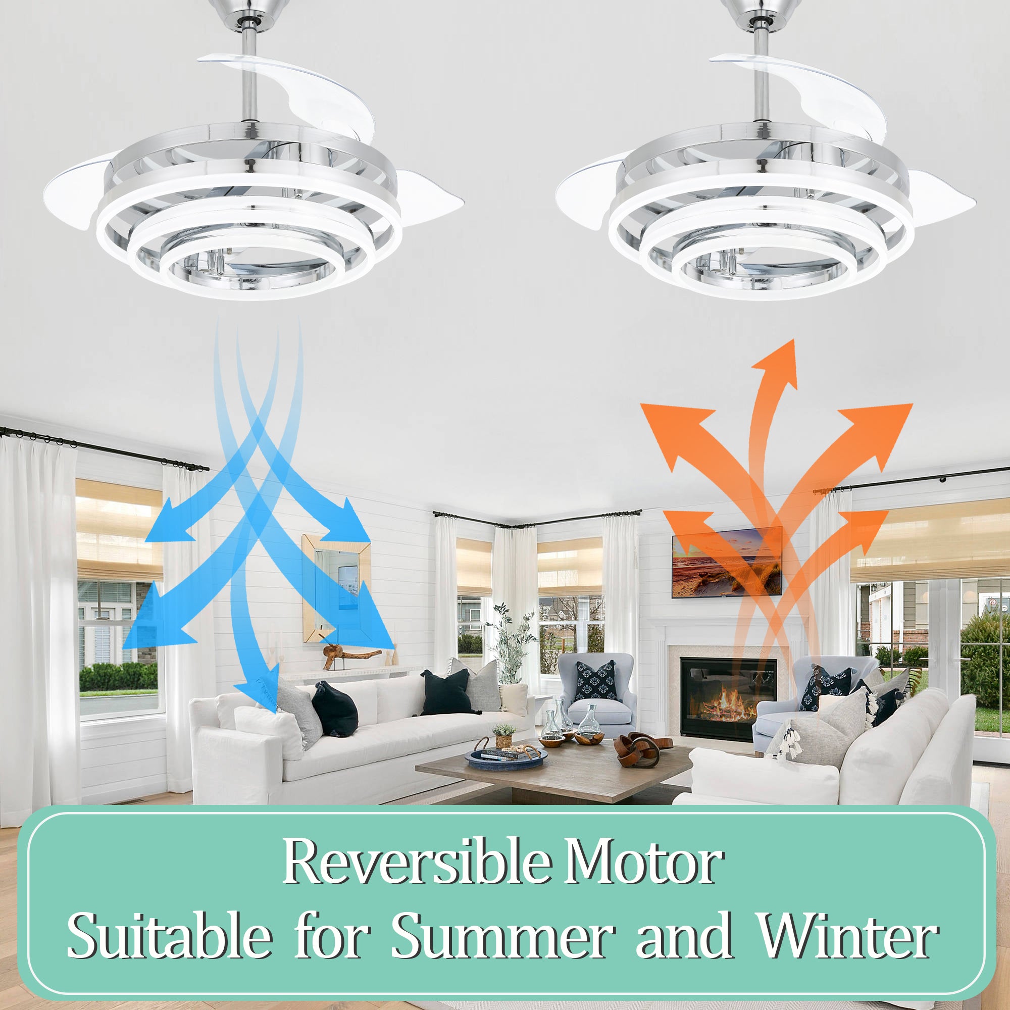 Oaks Aura 42 Inch Retractable Dimmable LED Ceiling Fan Light Remote 3-Color 6-Speed Chandelier