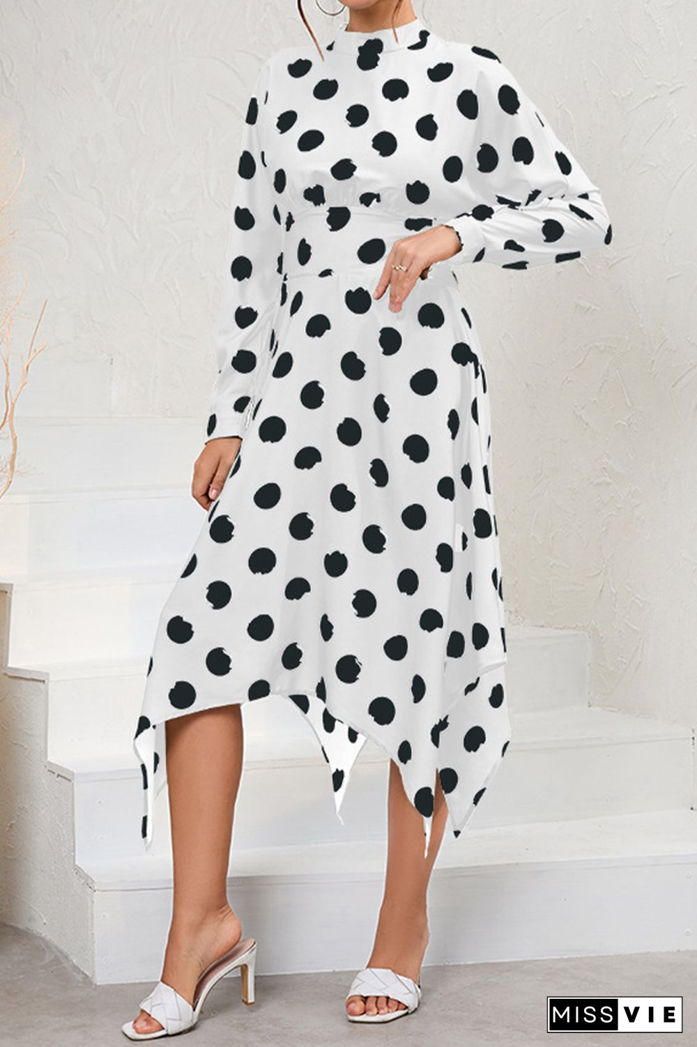 Long Sleeve High Waist Polka Dot Dress