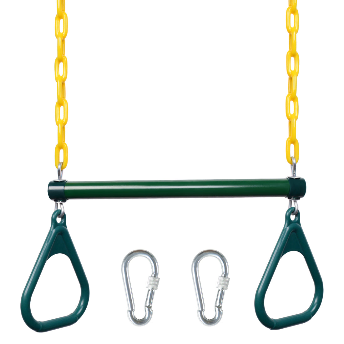 WHDZ 17'' Gym Rings Trapeze Swing Bar，Heavy Duty Chain Swing Set Accessories，Green Trapeze Bar Assembly with Rings for Backyard，Playground，Playroom