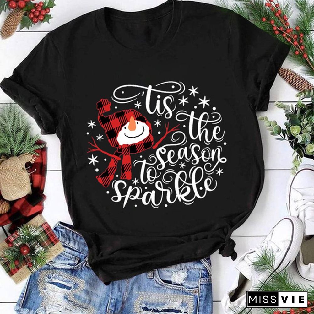 New Xmas Women Fashion Short Sleeve Merry Christmas Print Top Family Cute Casual Festival T Shirt Plus Size