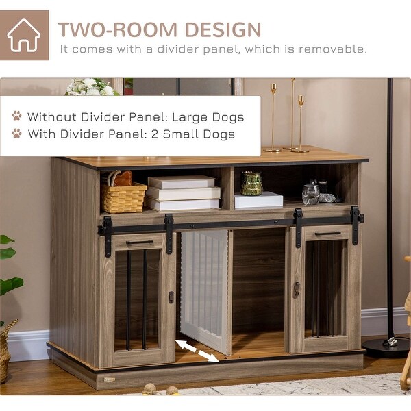 PawHut Size-Changing Dog Crate End Table with Removable Panel and Two Rooms， Shelves and Sliding Doors， Fancy Puppy Furniture