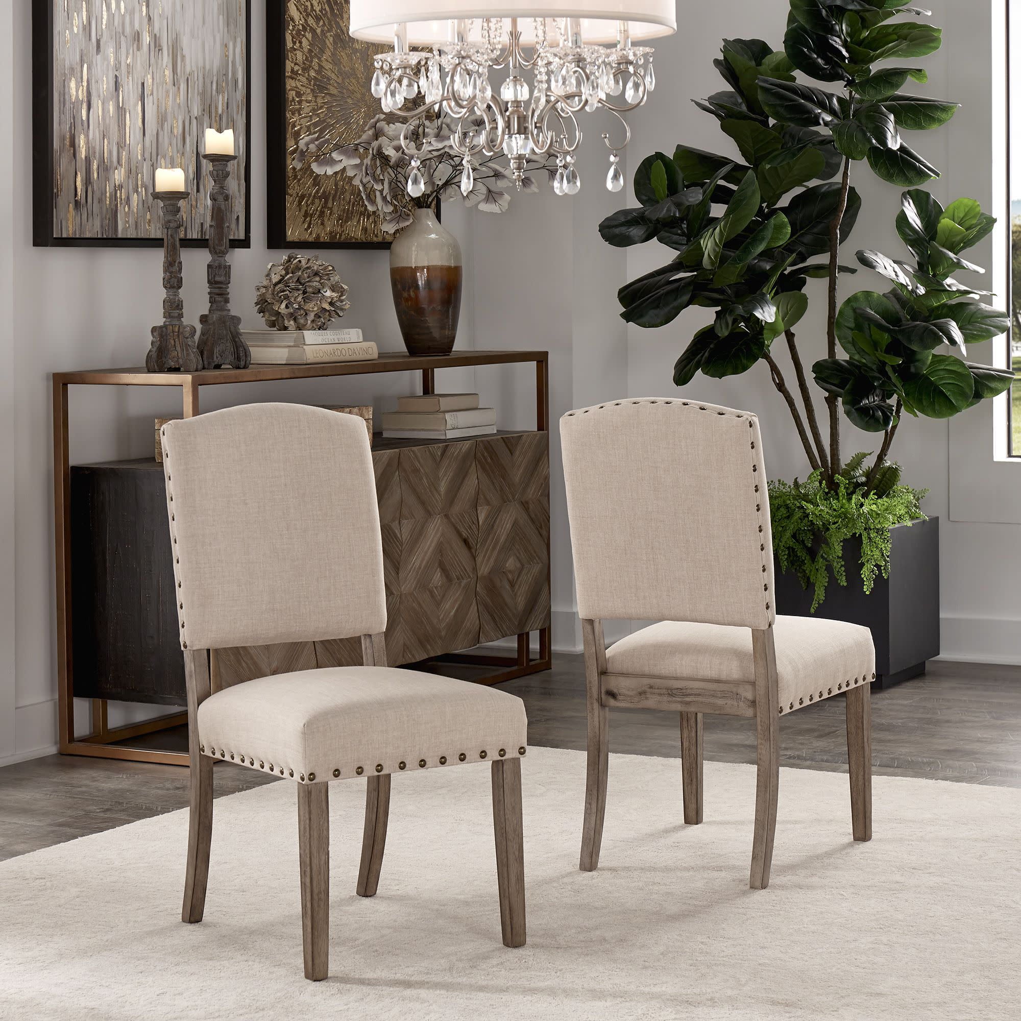 Weston Home Satine Linen Nailhead Dining Chairs， Set of 2， Beige/Grey Wash Finish