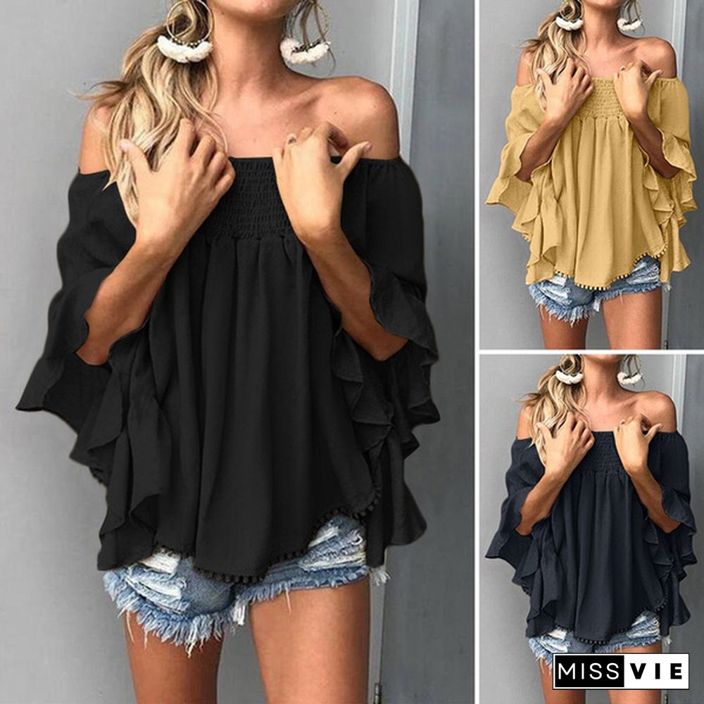 Women 3/4 Sleeve Off Shoulder Beach Plus Size Blouse Elegant Office Ladies Shirts Tops