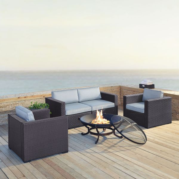 Biscayne 5Pc Outdoor Wicker Conversation Set w/ Fire Pit