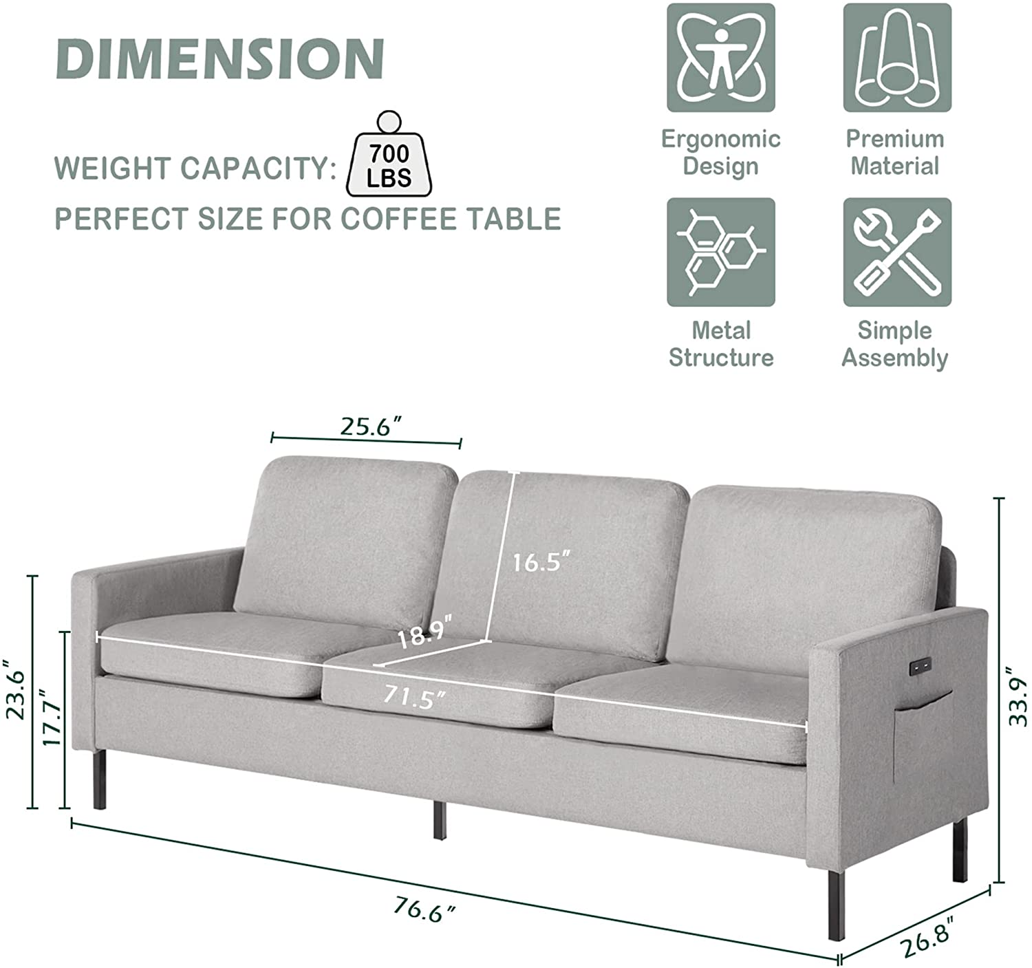 Fabric 3 Seater Couch with 2 USB 76