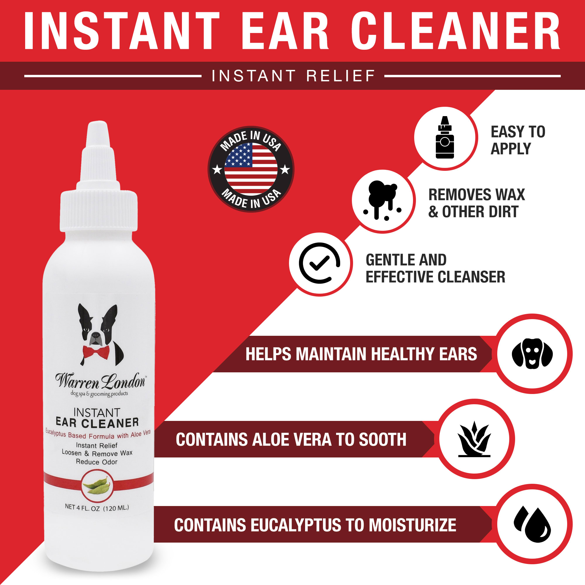 Warren London Instant Ear Cleaner for Dogs， 4 fl. oz.