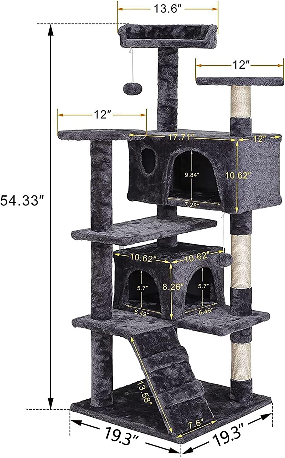 54in Cat Tree Tower for Indoor Cats Multi-Level Cat Condo Cat Bed Furniture with Scratching Post Kittens Activity Center