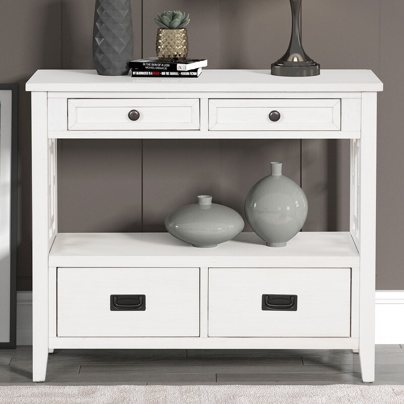 Farmhouse Style 36'' Console Table with 4 Drawers and 1 Storage Shelf White   Console Table