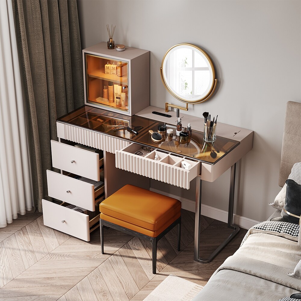 Modern Wood Makeup Vanity Table with LED Lighted Mirror  Dressing Table with PU Leather Stool  5 Drawers