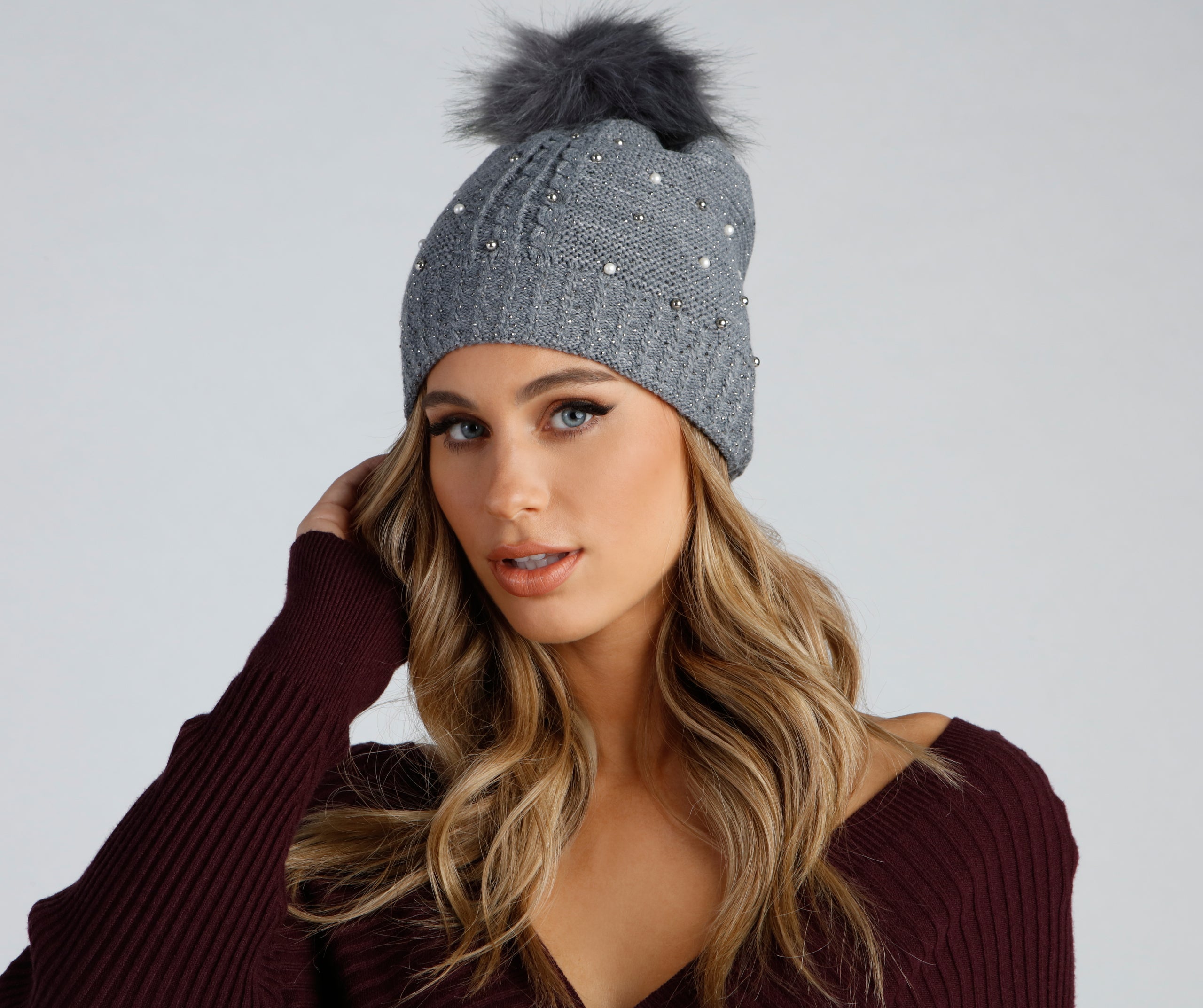 Rhinestone And Pearl Luxe Knit Beanie