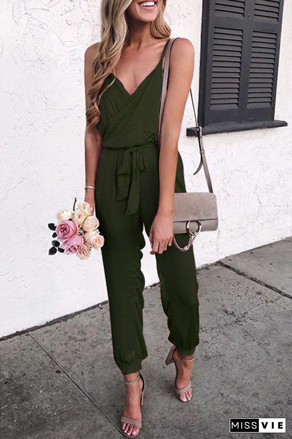 Army Green Solid Color Slip Jumpsuit With Belt