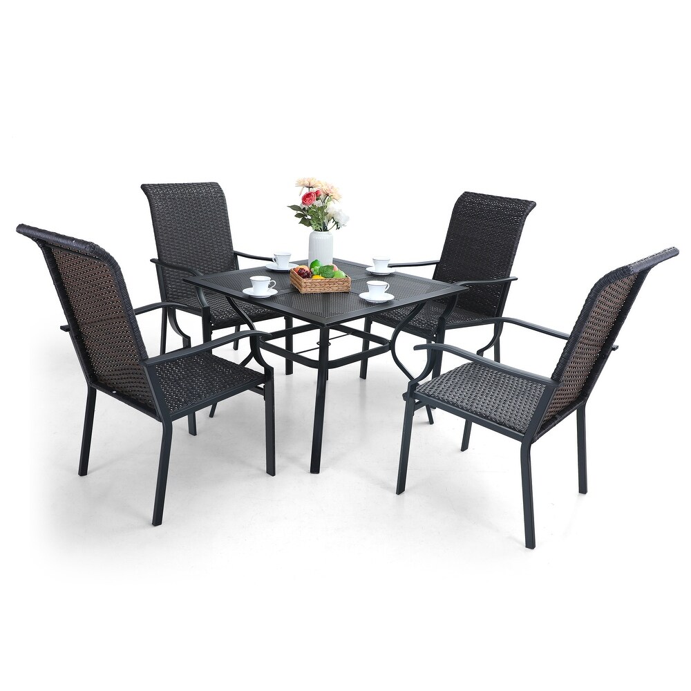 Sophia   William 5 Piece Metal Outdoor Patio Dining Sets  4 PE Rattan Chairs and 1 Square Metal Table with Umbrella Hole