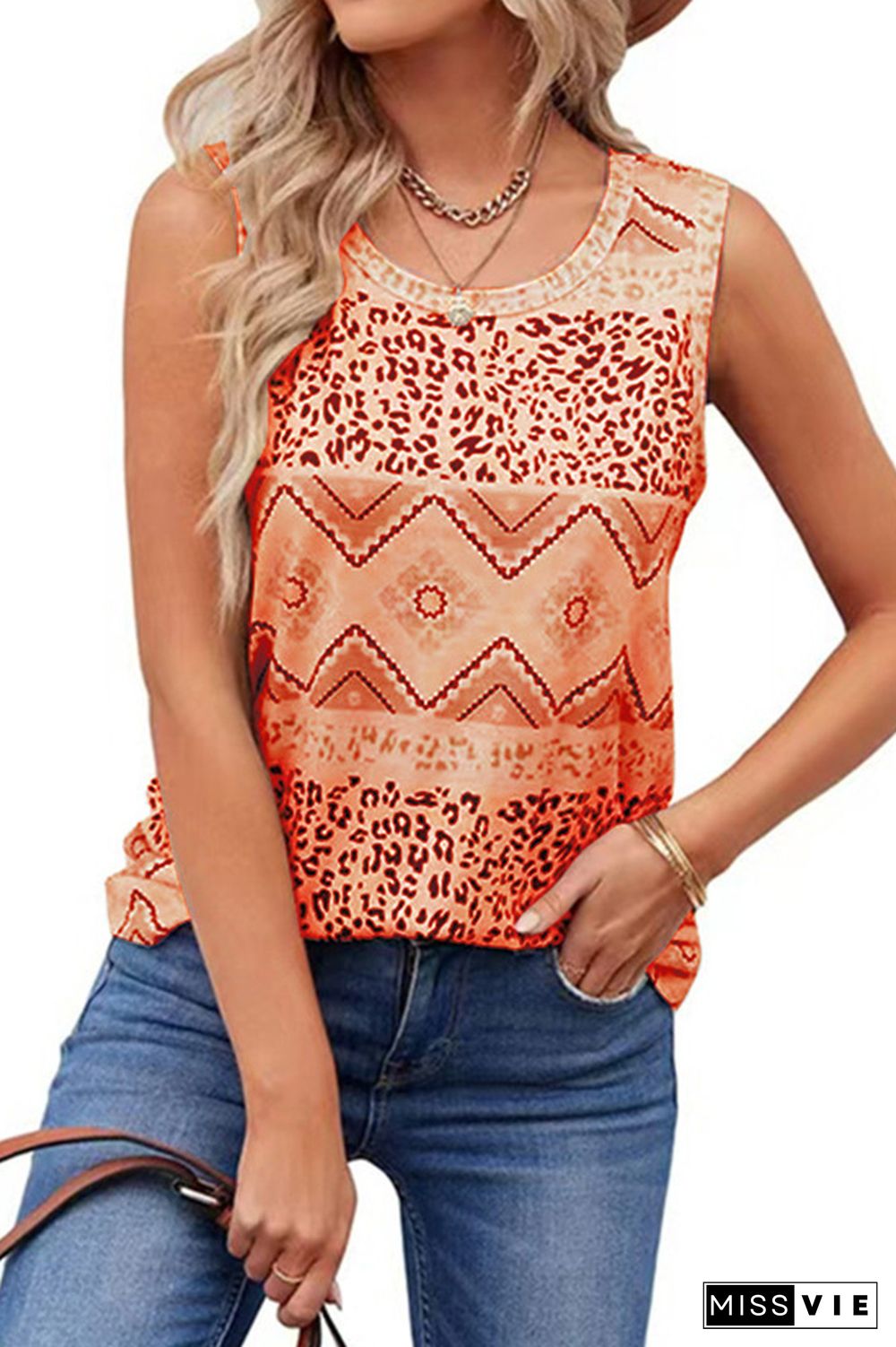 Leopard Splicing Aztec Printed Tank Top